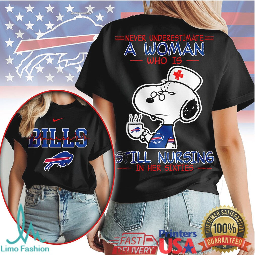 Buffalo Bills Nurse Snoopy T Shirt Never Underestimate A Woman Nursing In Her Sixties - Limotees LLC
