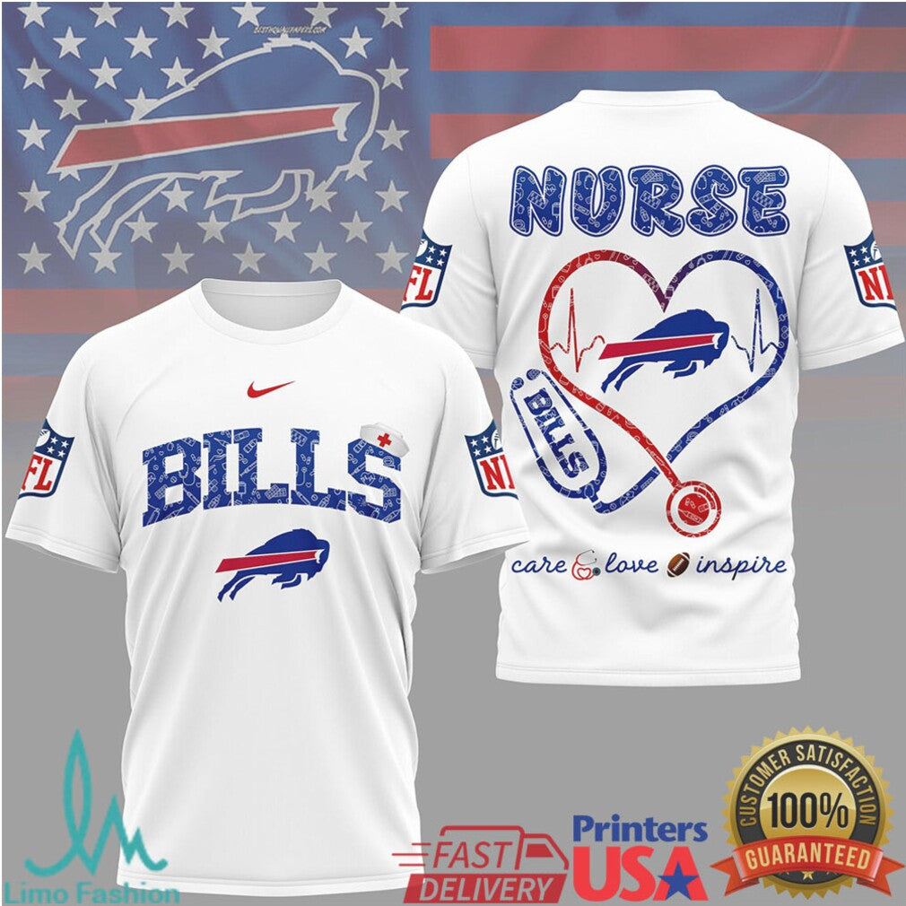 Buffalo Bills Nurse T Shirt NFL Nurse Stethoscope Heart Care Love Inspire - Limotees LLC