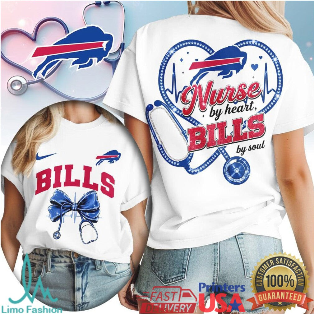 Buffalo Bills Nurse by Heart T Shirt Medical Professional Football Fan Apparel - Limotees LLC