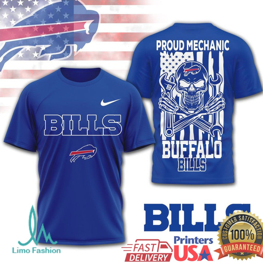 Buffalo Bills Proud Mechanic Skull USA Flag T Shirt - Limotees LLC