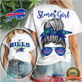 Buffalo Bills Stoner Girl Cannabis Leaf Messy Bun Fan Tee - Limotees LLC