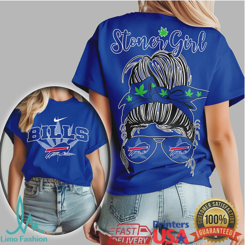 Buffalo Bills Stoner Girl Cannabis Leaf Messy Bun Fan Tee - Limotees LLC