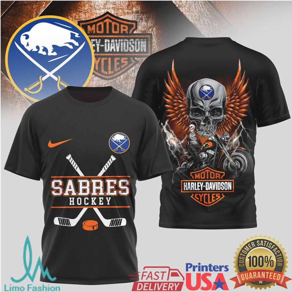 Buffalo Sabres Hockey x Harley Davidson Skull Wing Biker T Shirt - Limotees LLC