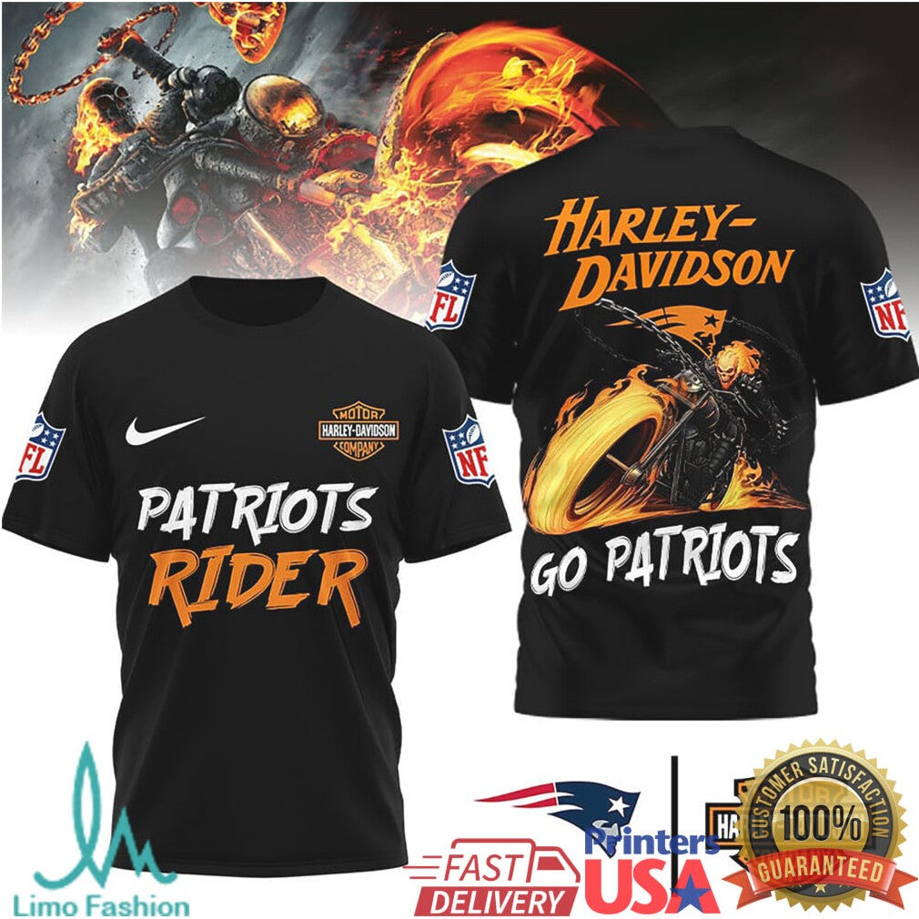 New England Patriots Official NFL Ghost Rider Harley Davidson 3D Shirt - Limotees LLC