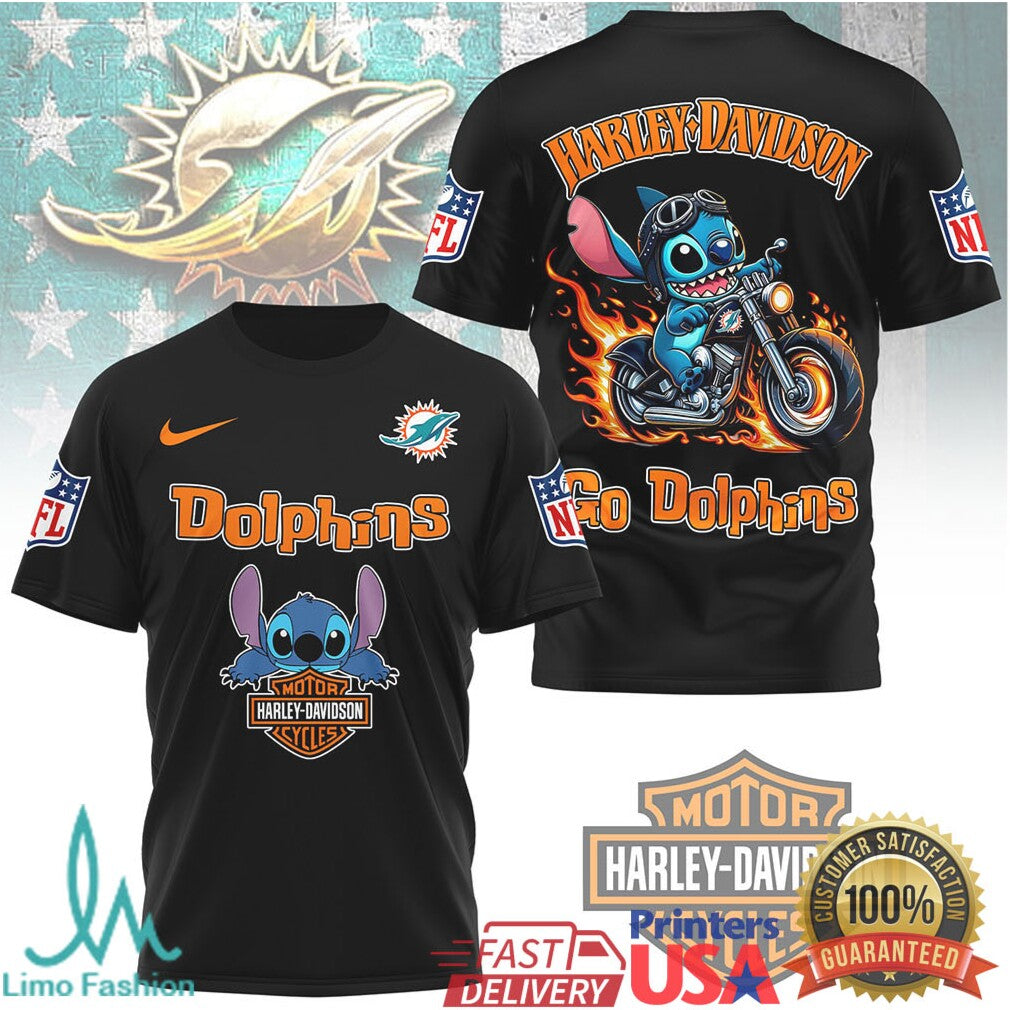 Miami Dolphins Official NFL Stitch Harley Davidson 3D Shirt