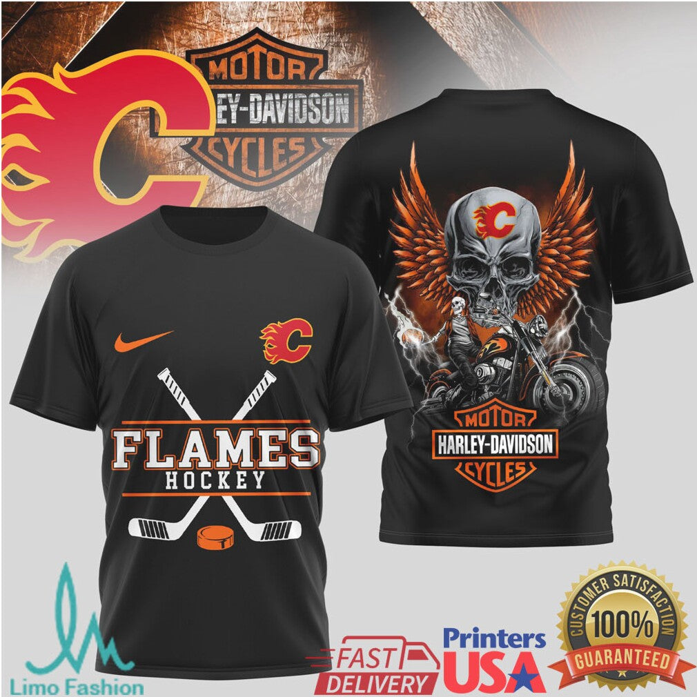Calgary Flames Hockey x Harley Davidson Skull Wing Biker T Shirt - Limotees LLC