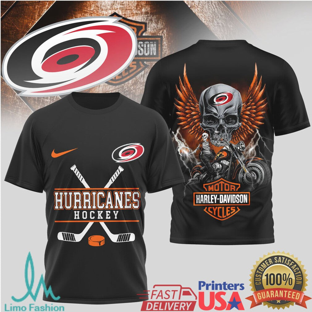 Carolina Hurricanes Hockey x Harley Davidson Skull Wing Biker T Shirt - Limotees LLC