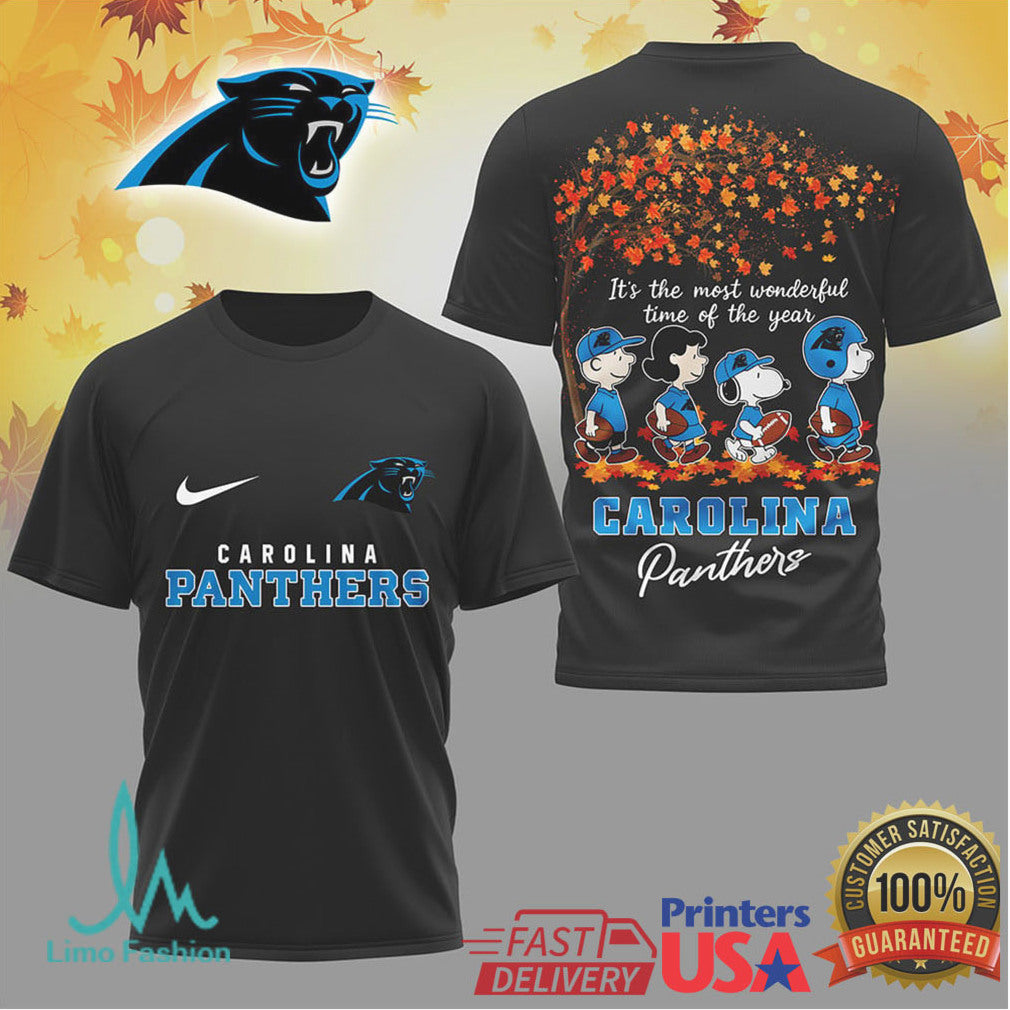 Carolina Panthers Peanuts Characters Autumn Leaves Graphic T Shirt - Limotees LLC