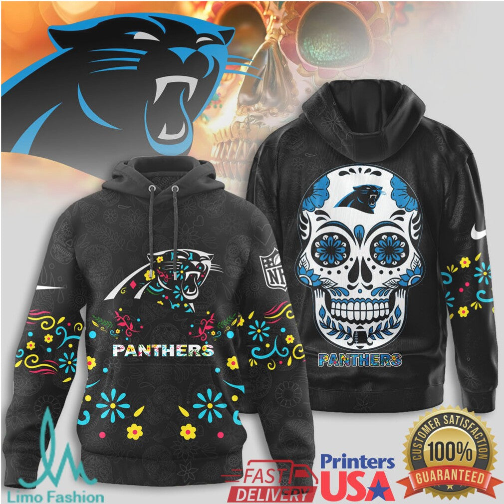 Carolina Panthers Sugar Skull T Shirt NFL Mexican Style Floral Skull - Limotees LLC