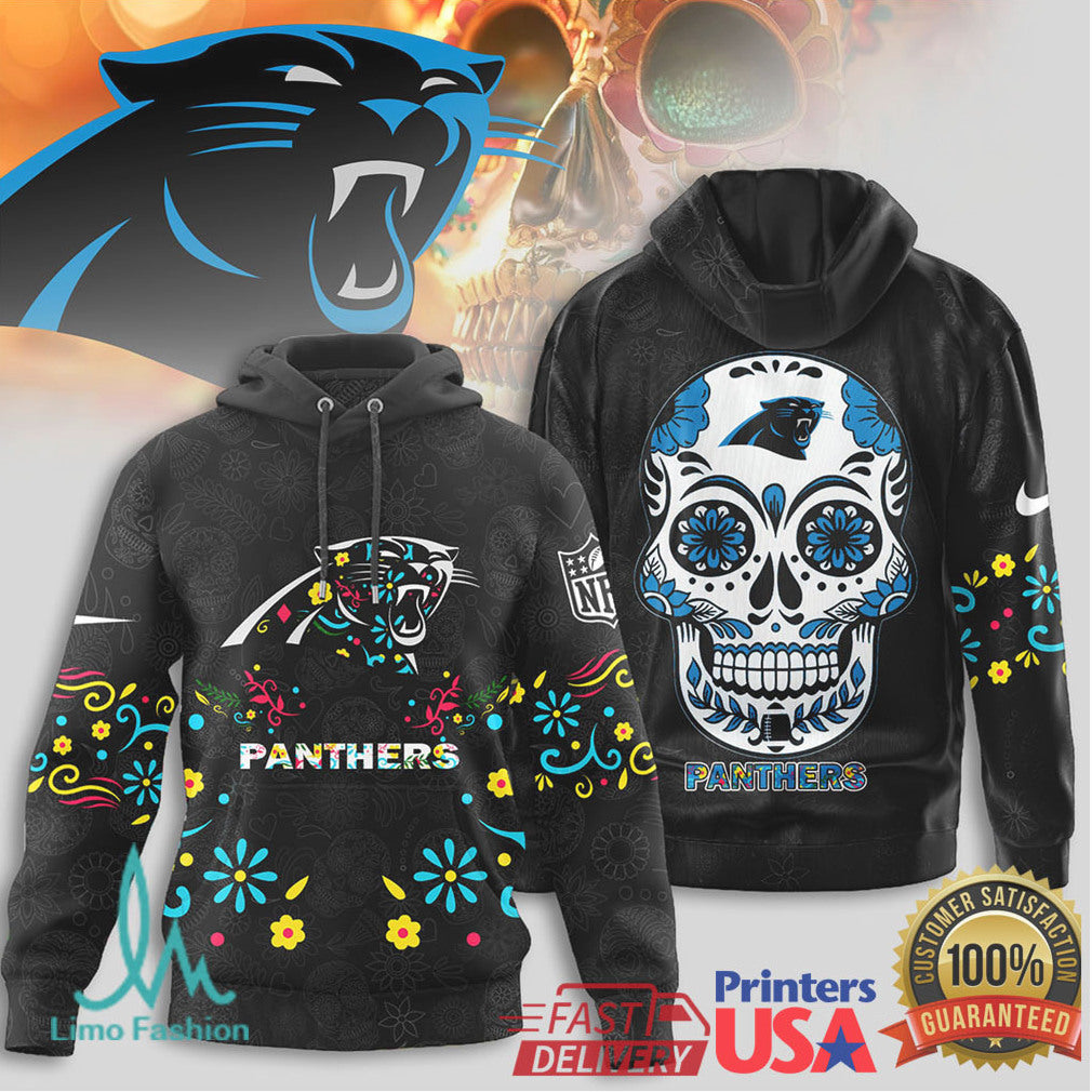 Carolina Panthers Sugar Skull T Shirt NFL Mexican Style Floral Skull - Limotees LLC