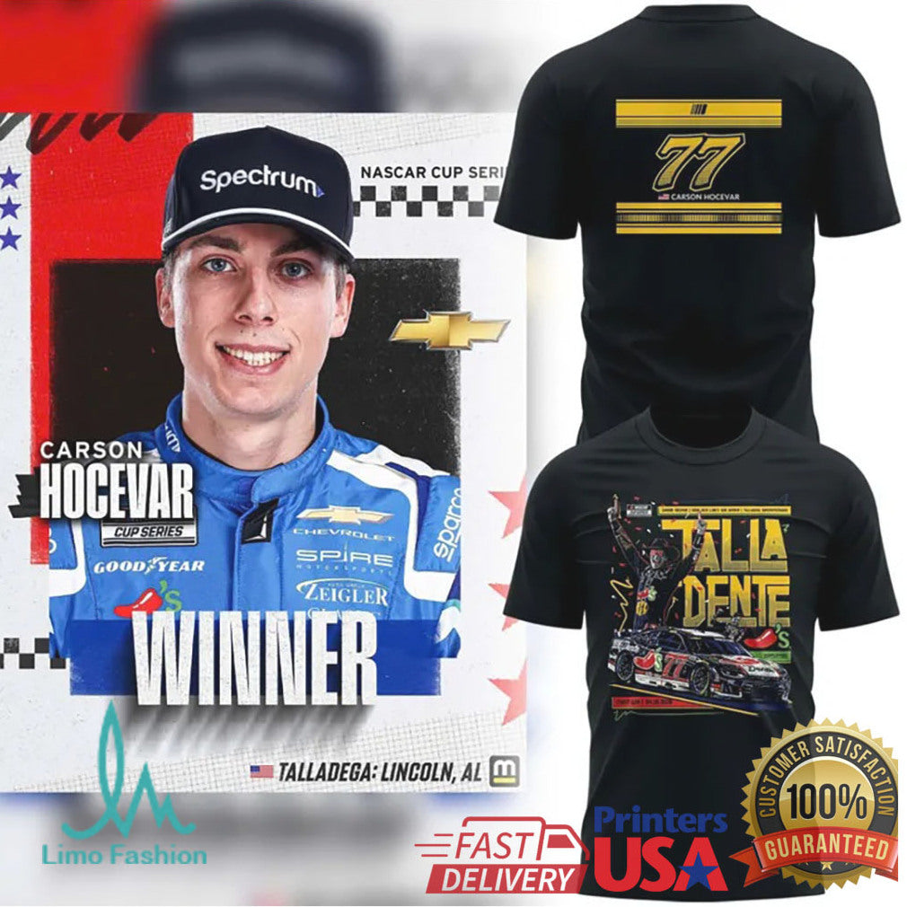 Carson Hocevar #77 Talladega Winner NASCAR Cup Series Commemorative T Shirt - Limotees LLC