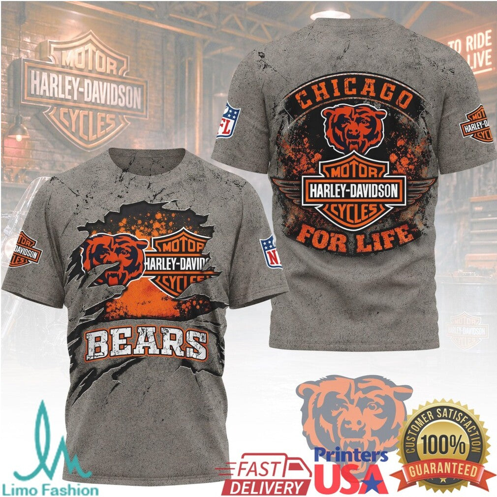 Chicago Bears Harley Davidson Biker For Life Grey T Shirt - Limotees LLC