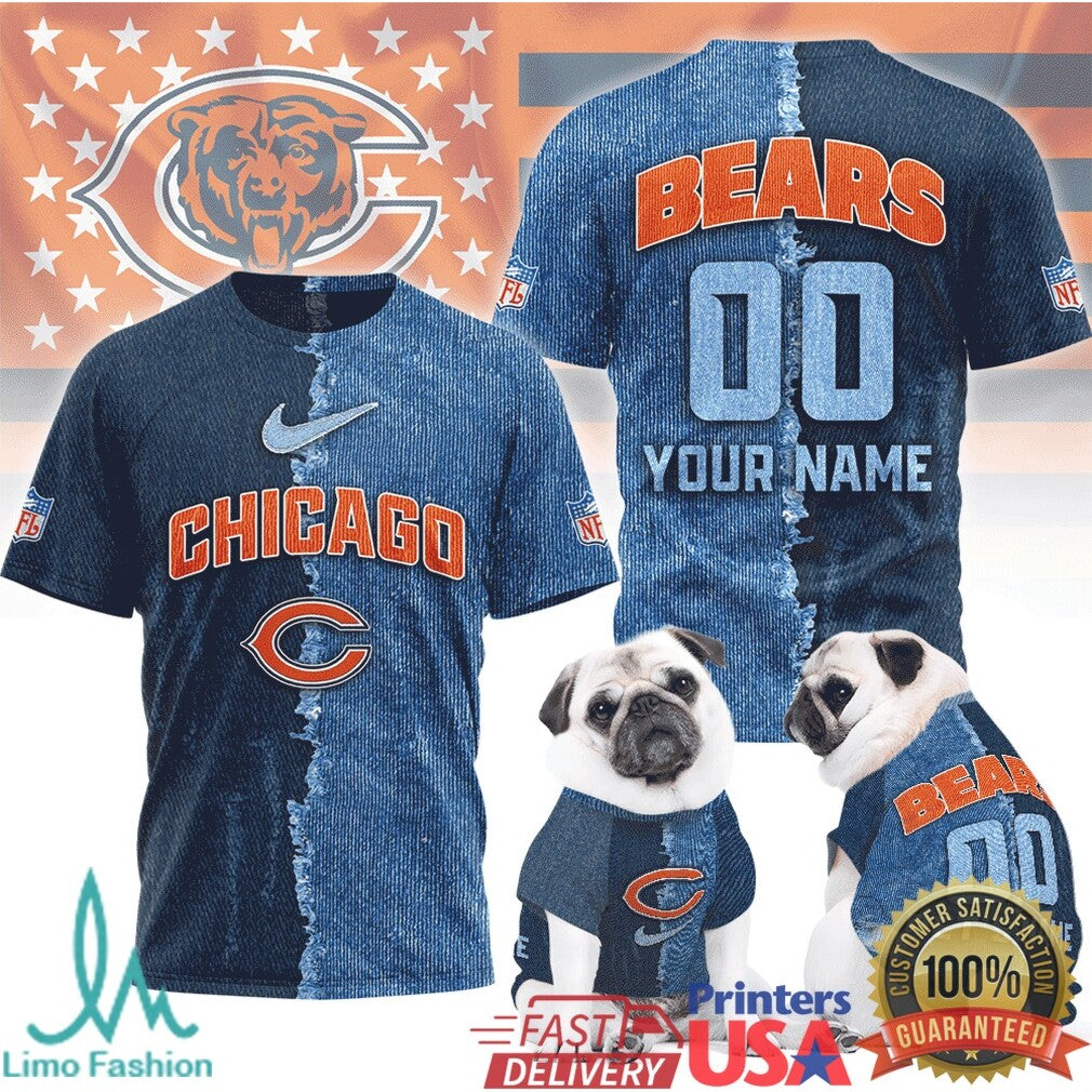 Chicago Bears Personalized Denim Rip NFL T Shirt Custom Fan Apparel & Pet T Shirt - Limotees LLC