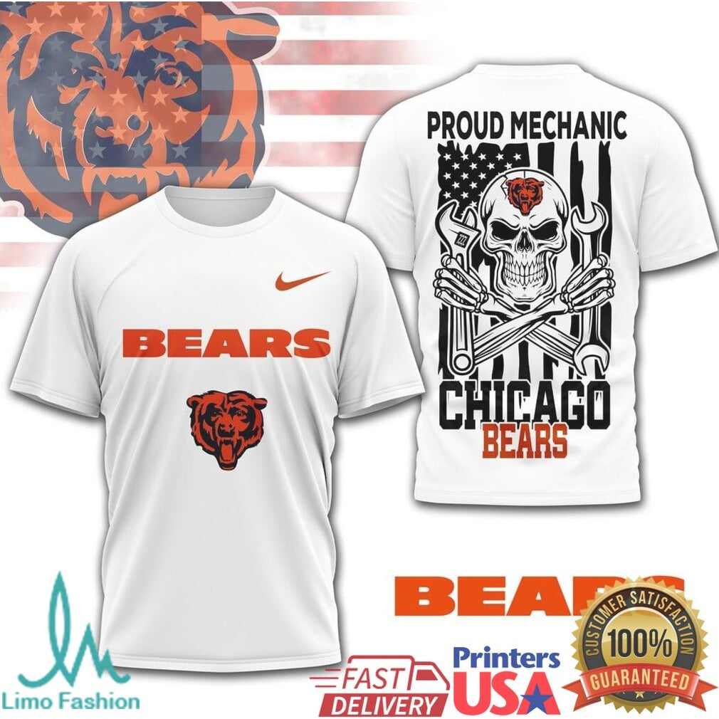Chicago Bears Proud Mechanic Skull USA Flag T Shirt - Limotees LLC