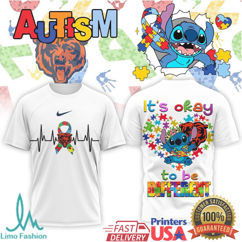 Chicago Bears Stitch Autism Awareness Heart Ribbon Graphic T Shirt - Limotees LLC