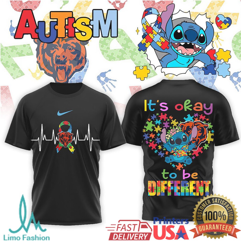 Chicago Bears Stitch Autism Awareness Heart Ribbon Graphic T Shirt - Limotees LLC