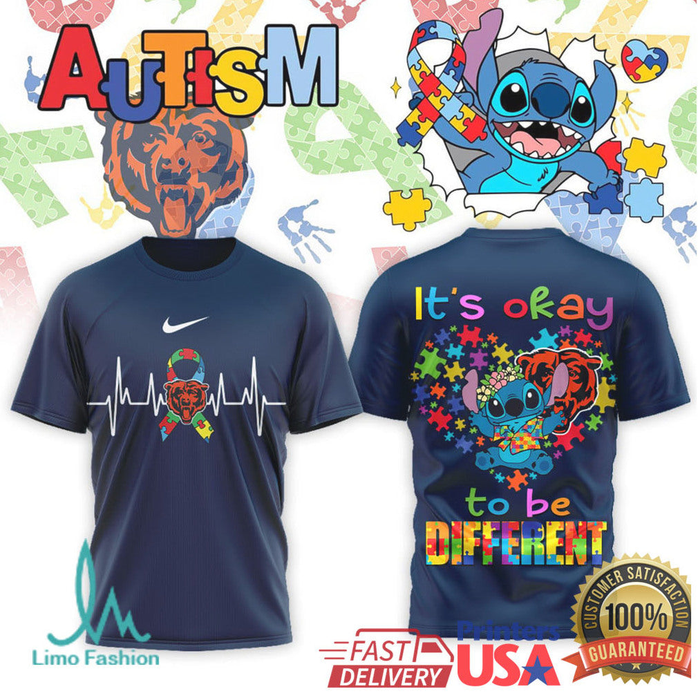 Chicago Bears Stitch Autism Awareness Heart Ribbon Graphic T Shirt - Limotees LLC