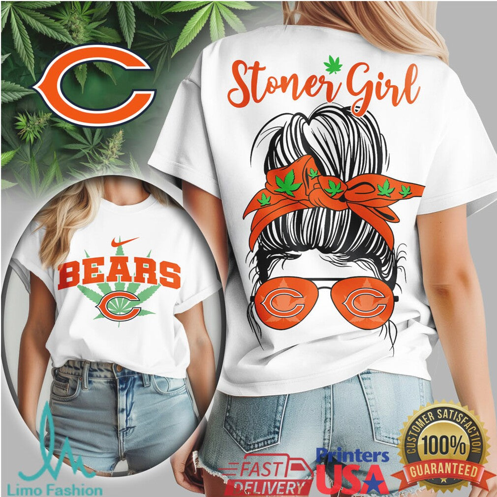 Chicago Bears Stoner Girl Messy Bun Marijuana Graphic T Shirt - Limotees LLC