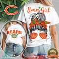 Chicago Bears Stoner Girl Messy Bun Marijuana Graphic T Shirt - Limotees LLC
