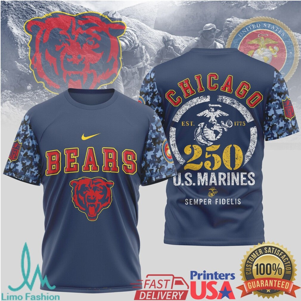 Chicago Bears US Marines 250th Anniversary Semper Fidelis T Shirt - Limotees LLC