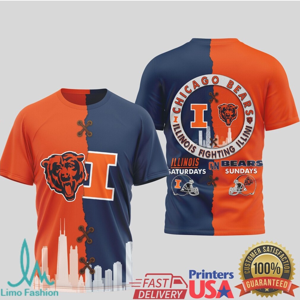 Chicago Bears vs Illinois Fighting Illini Split Dual Fan T Shirt Saturdays vs Sundays - Limotees LLC