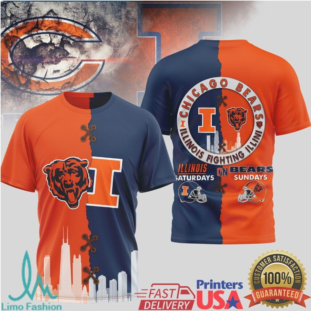 Chicago Bears vs Illinois Fighting Illini Split Dual Fan T Shirt Saturdays vs Sundays - Limotees LLC