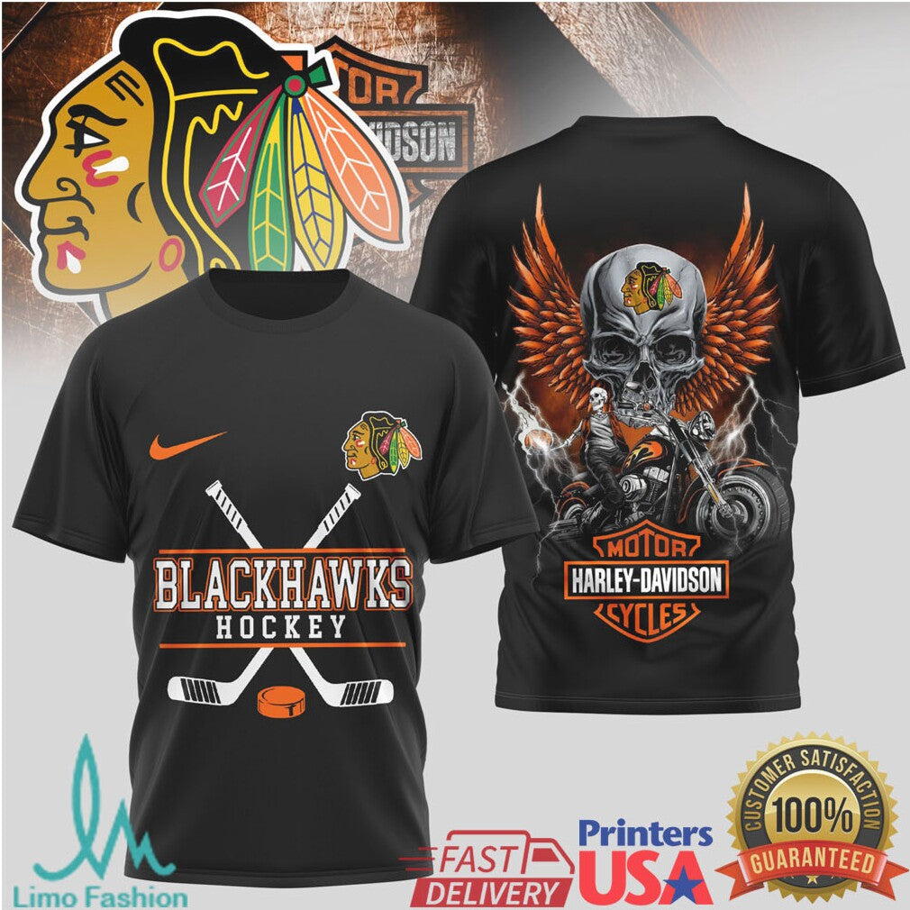 Chicago Blackhawks Hockey x Harley Davidson Skull Wing Biker T Shirt - Limotees LLC