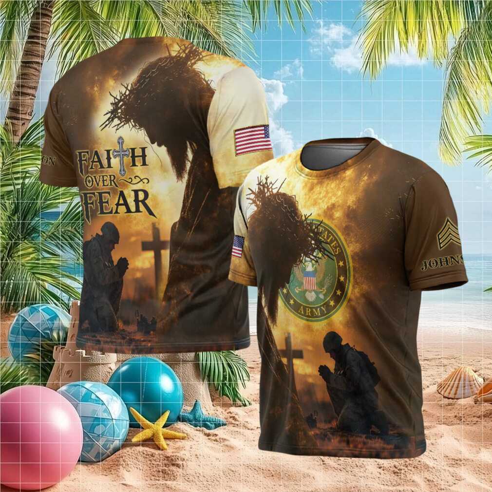 Christian U.S. Army T Shirt Faith Over Fear Kneeling Soldier Design - Limotees LLC