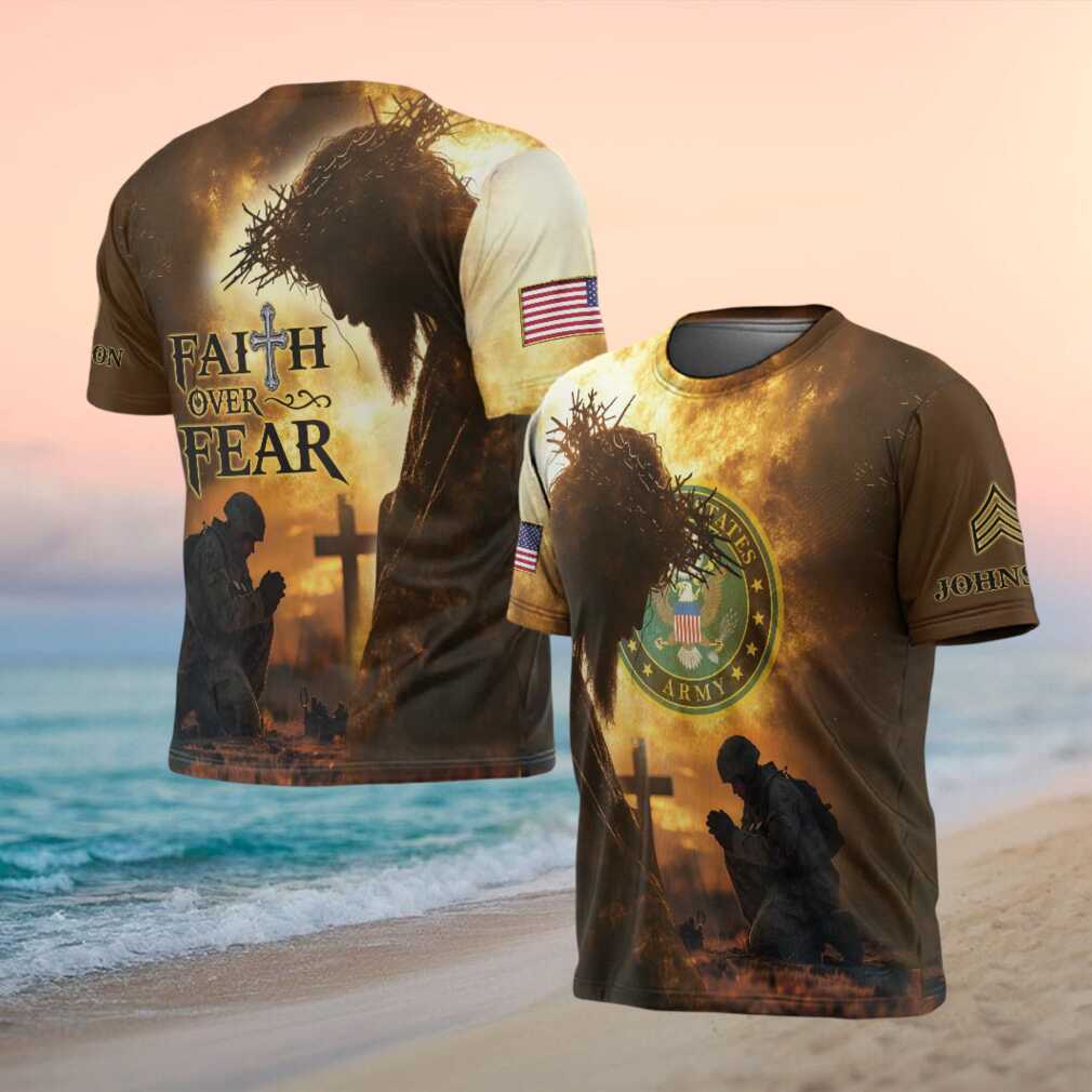 Christian U.S. Army T Shirt Faith Over Fear Kneeling Soldier Design - Limotees LLC