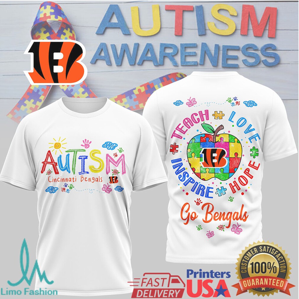 Cincinnati Bengals Autism Awareness Shirt Teach Love Inspire Apple - Limotees LLC