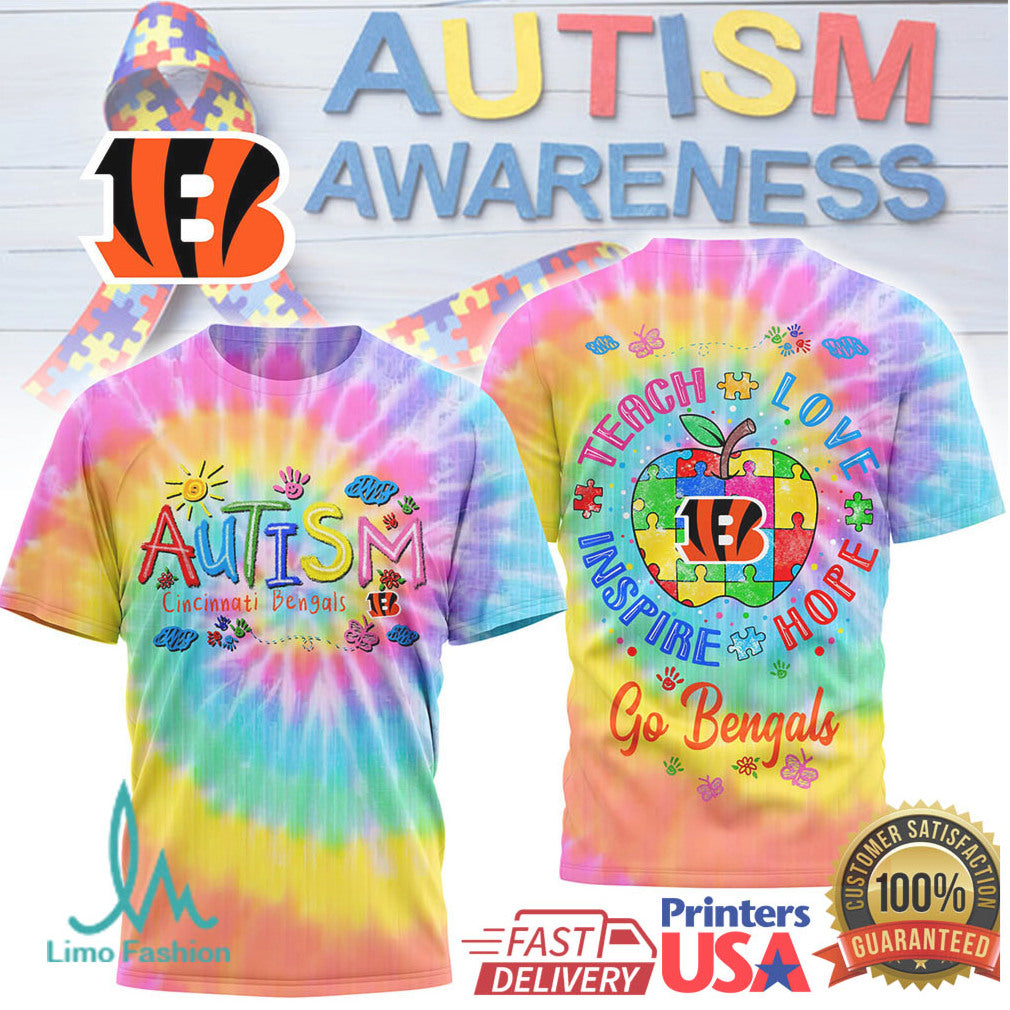 Cincinnati Bengals Autism Awareness Shirt Teach Love Inspire Apple - Limotees LLC