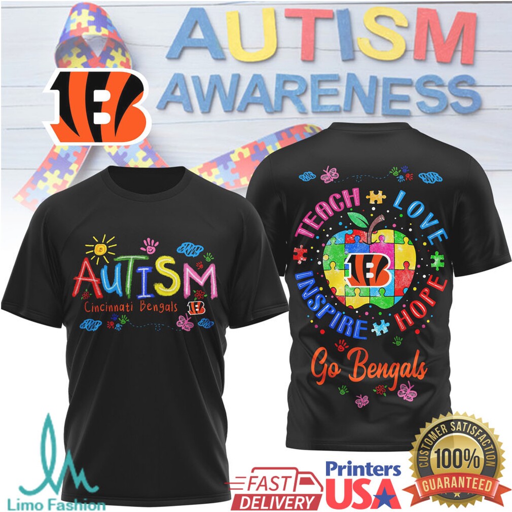 Cincinnati Bengals Autism Awareness Shirt Teach Love Inspire Apple - Limotees LLC