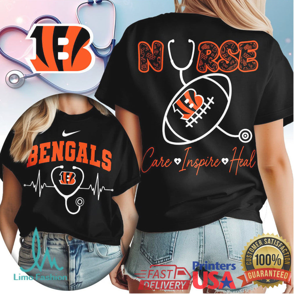 Cincinnati Bengals Football Nurse Care Inspire Heal 2026 Vintage Women Fans White Orange Black T Shirt - Limotees LLC