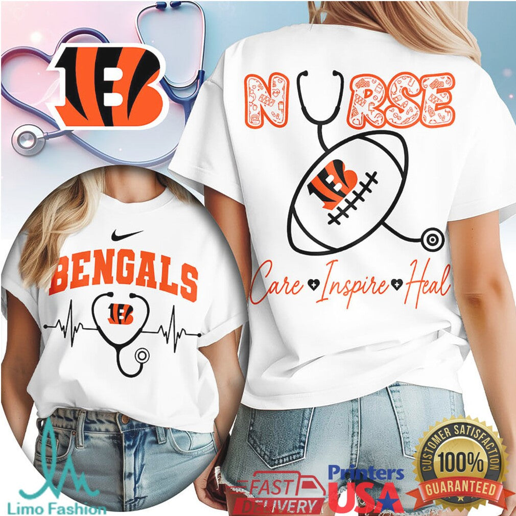 Cincinnati Bengals Football Nurse Care Inspire Heal 2026 Vintage Women Fans White Orange Black T Shirt - Limotees LLC