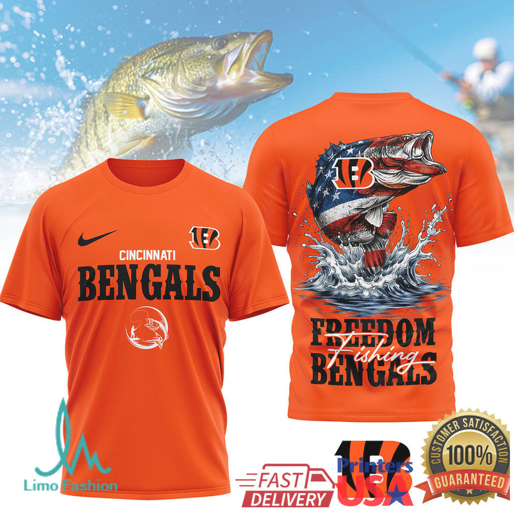 Cincinnati Bengals Freedom Fishing American Flag Bass T Shirt - Limotees LLC