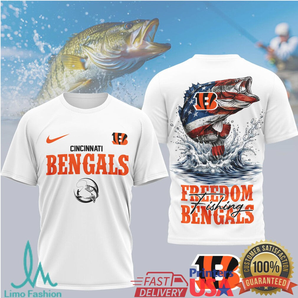 Cincinnati Bengals Freedom Fishing American Flag Bass T Shirt - Limotees LLC