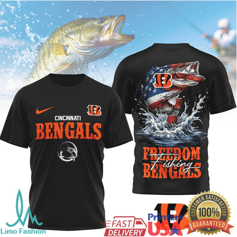 Cincinnati Bengals Freedom Fishing American Flag Bass T Shirt - Limotees LLC