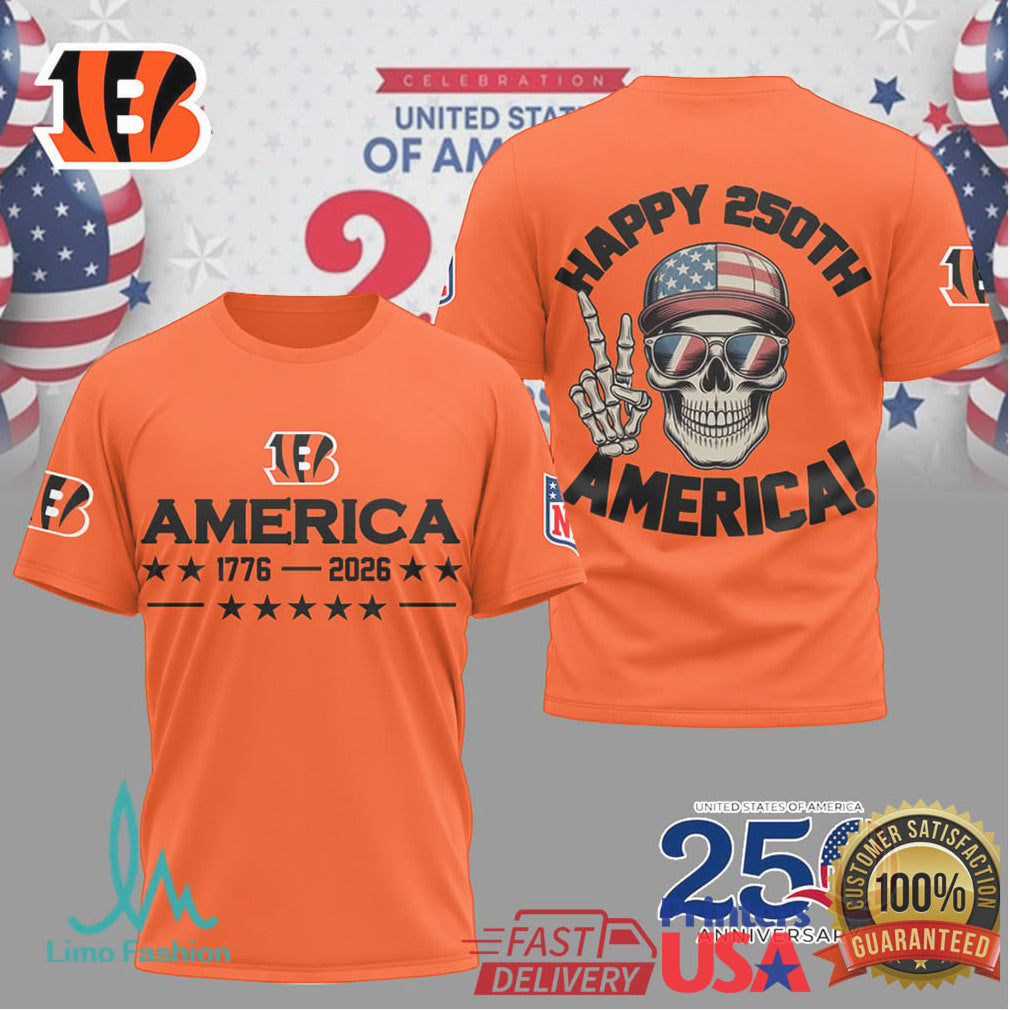 Cincinnati Bengals Happy 250th Anniversary America Skull NFL T Shirt - Limotees LLC