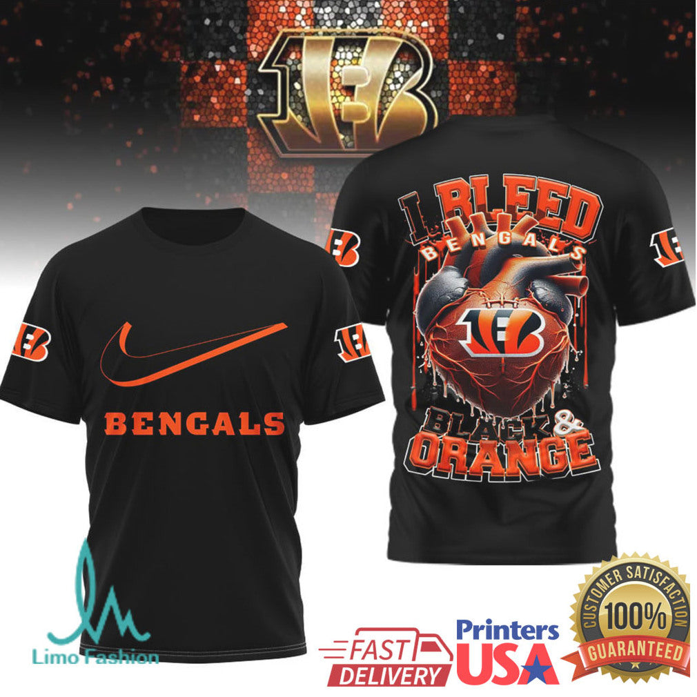 Cincinnati Bengals “I Bleed Black & Orange” Heart Graphic T Shirt - Limotees LLC