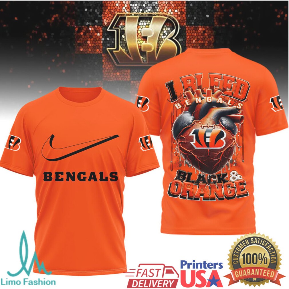 Cincinnati Bengals “I Bleed Black & Orange” Heart Graphic T Shirt - Limotees LLC