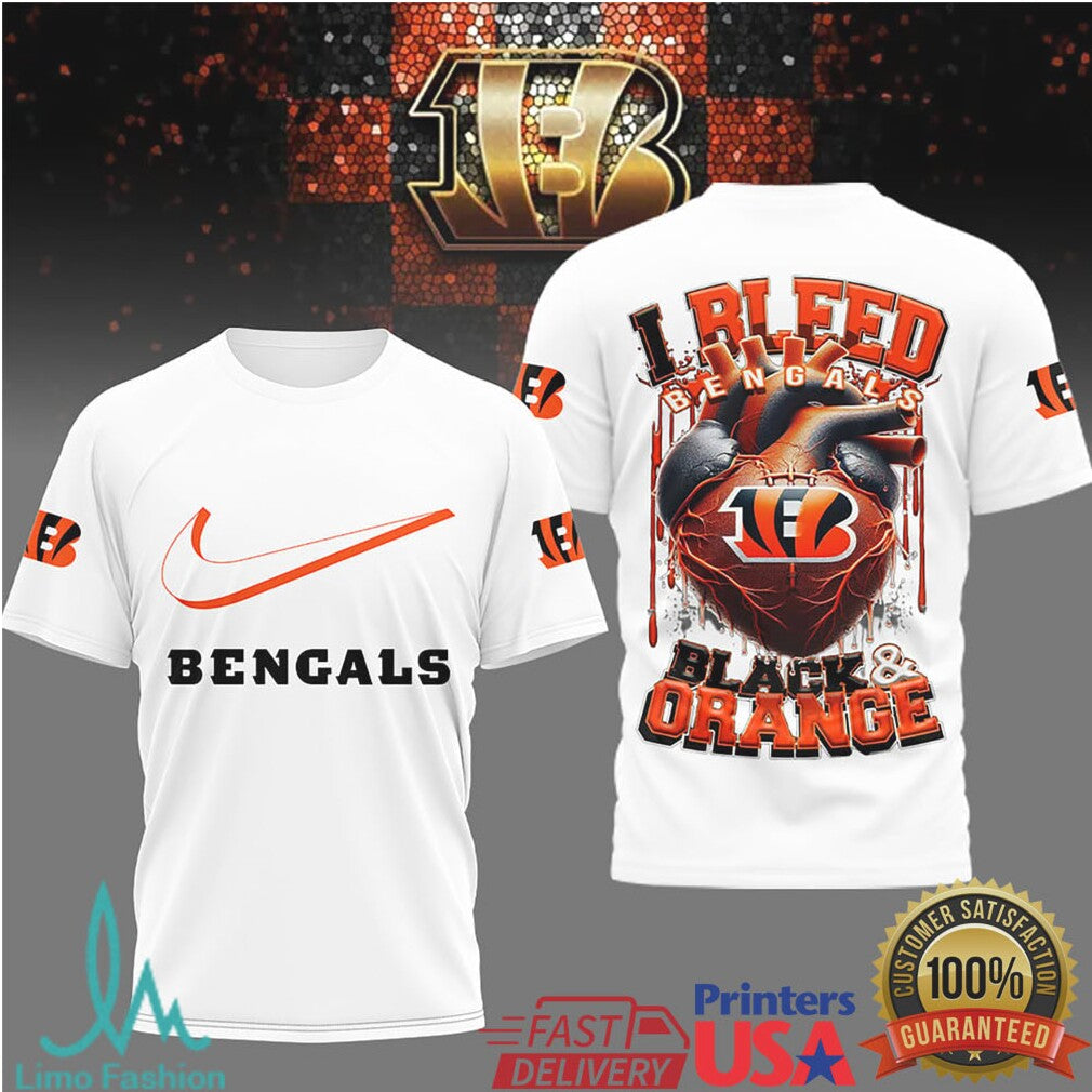 Cincinnati Bengals “I Bleed Black & Orange” Heart Graphic T Shirt - Limotees LLC