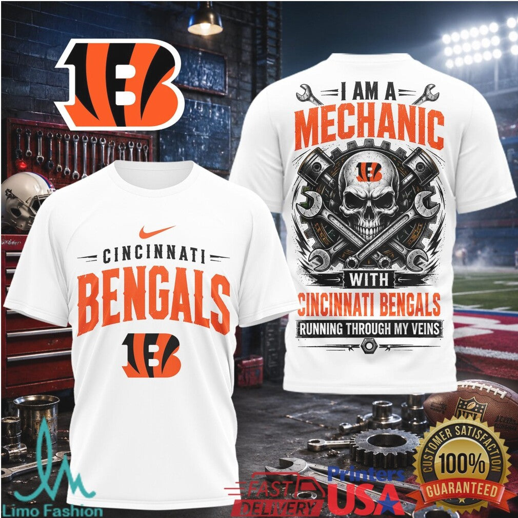 Cincinnati Bengals Mechanic Skull Running Through My Veins T Shirt