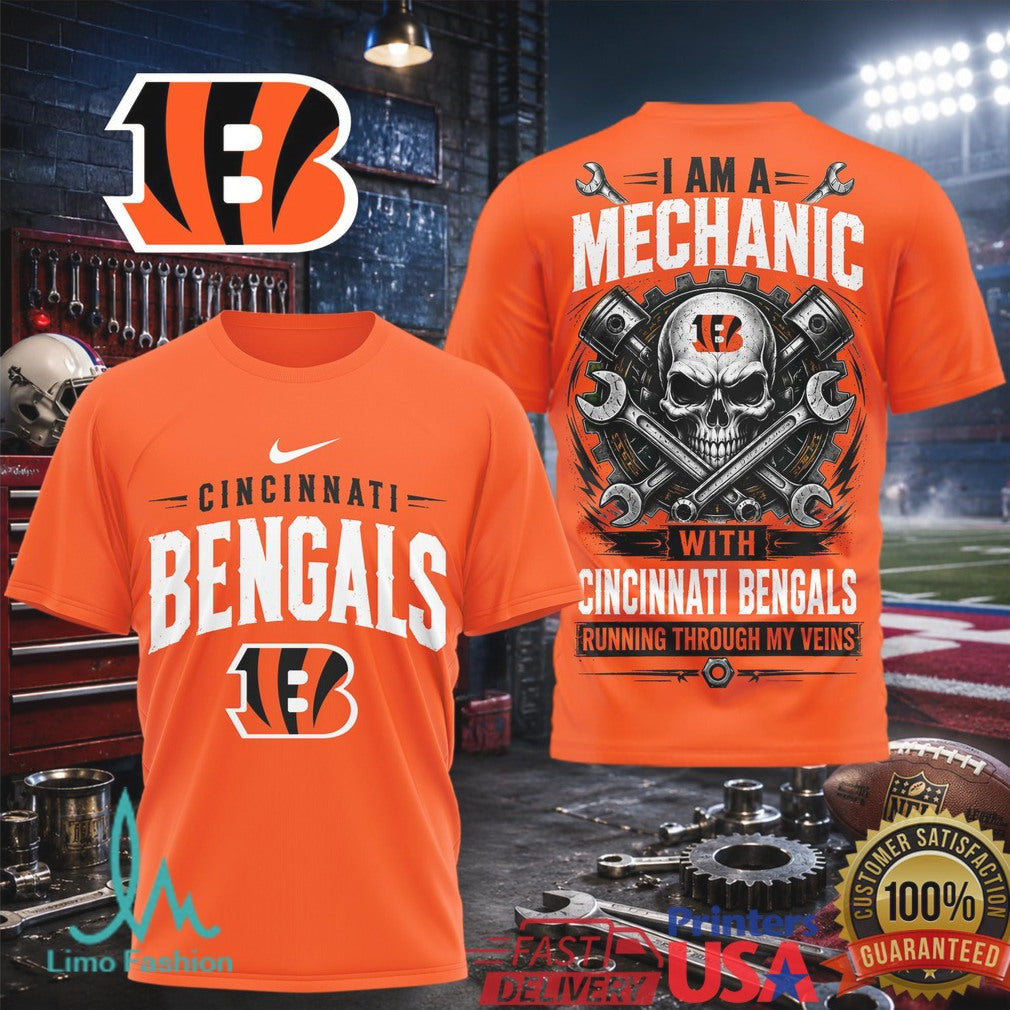 Cincinnati Bengals Mechanic Skull Running Through My Veins T Shirt