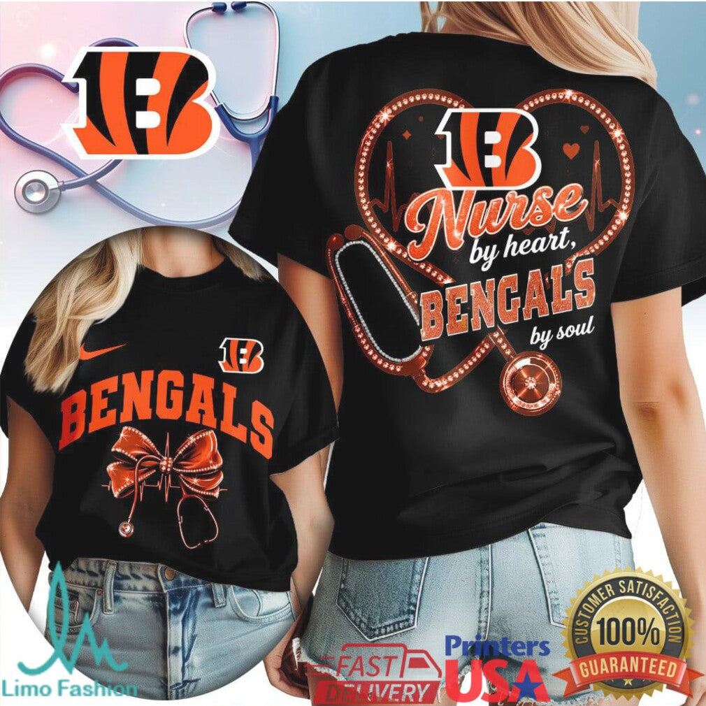 Cincinnati Bengals Nurse by Heart T Shirt Who Dey Nursing Student Fan T Shirt - Limotees LLC