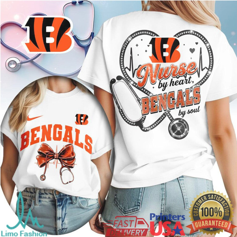 Cincinnati Bengals Nurse by Heart T Shirt Who Dey Nursing Student Fan T Shirt - Limotees LLC