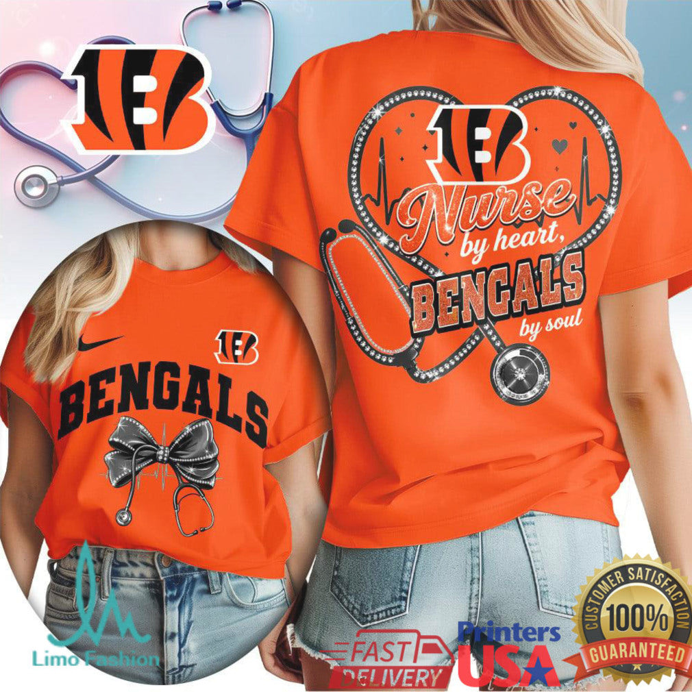 Cincinnati Bengals Nurse by Heart T Shirt Who Dey Nursing Student Fan T Shirt - Limotees LLC