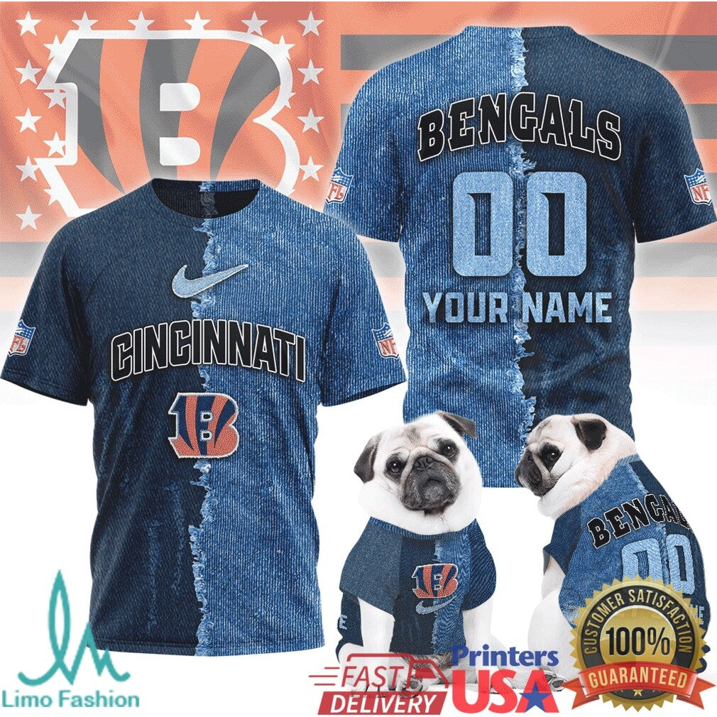 Cincinnati Bengals Personalized Denim Rip NFL T Shirt Custom Name & Matching Pet T Shirt - Limotees LLC
