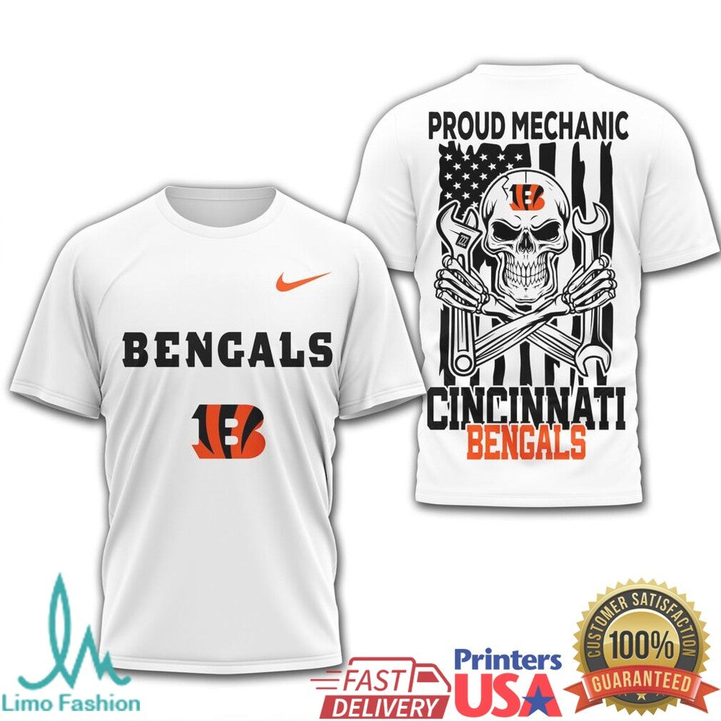 Cincinnati Bengals Proud Mechanic Skull USA Flag T Shirt - Limotees LLC