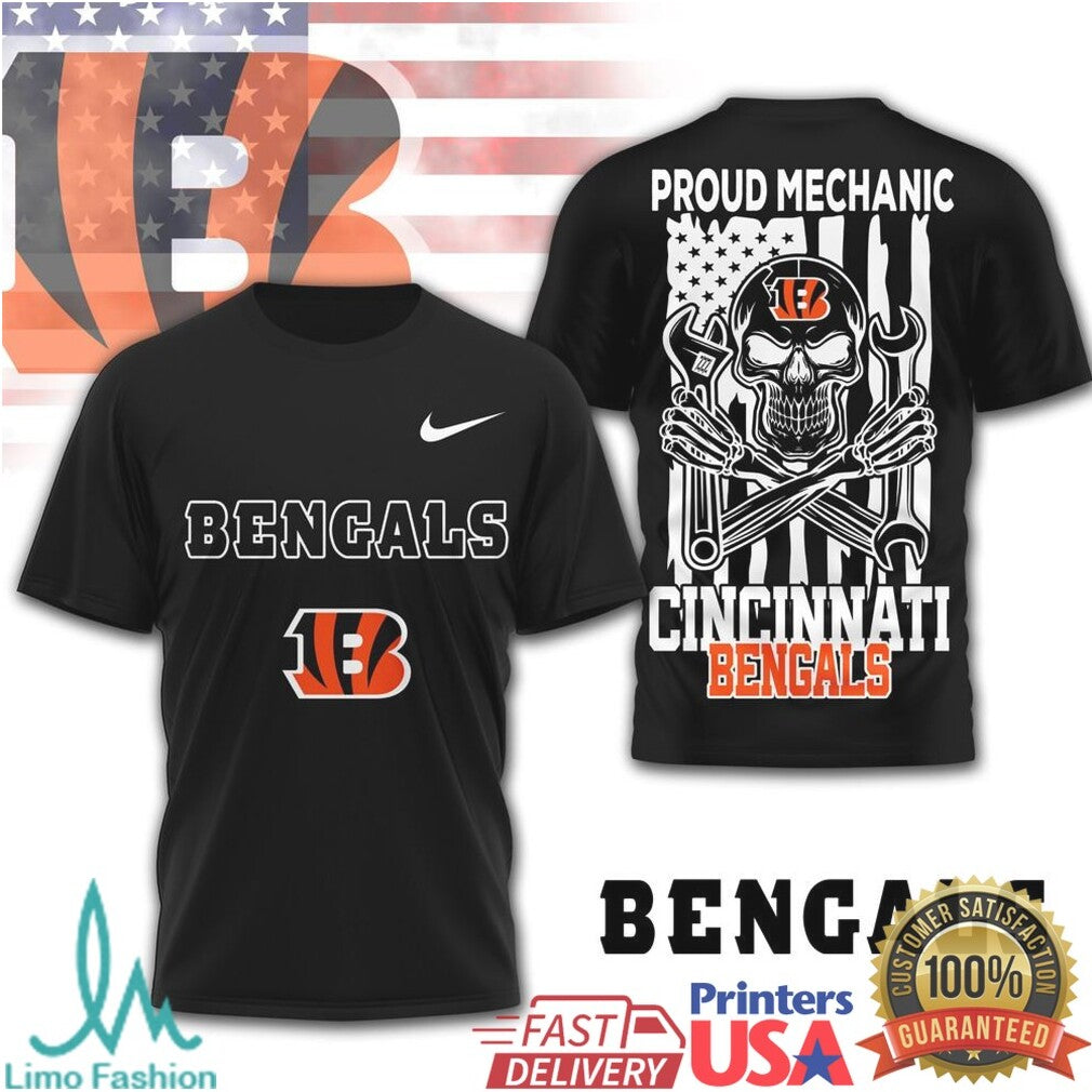 Cincinnati Bengals Proud Mechanic Skull USA Flag T Shirt - Limotees LLC