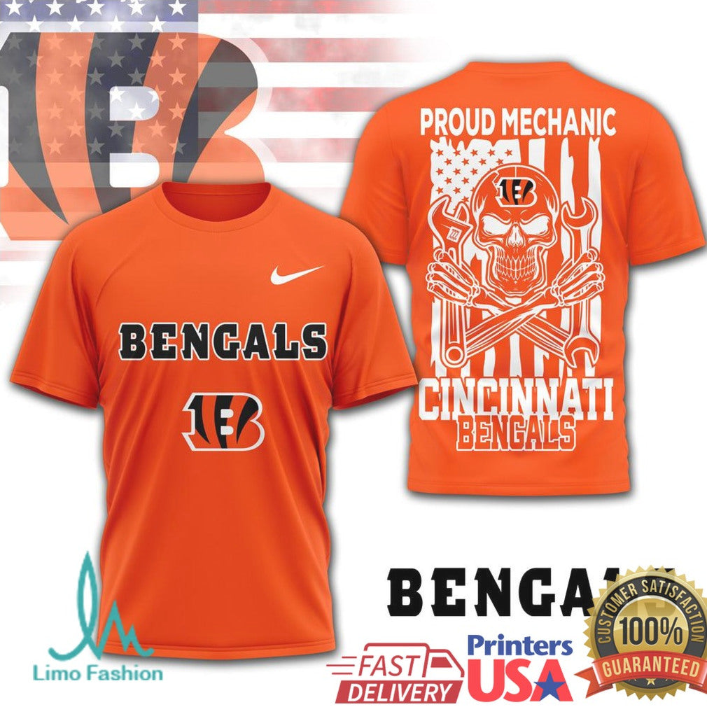Cincinnati Bengals Proud Mechanic Skull USA Flag T Shirt - Limotees LLC